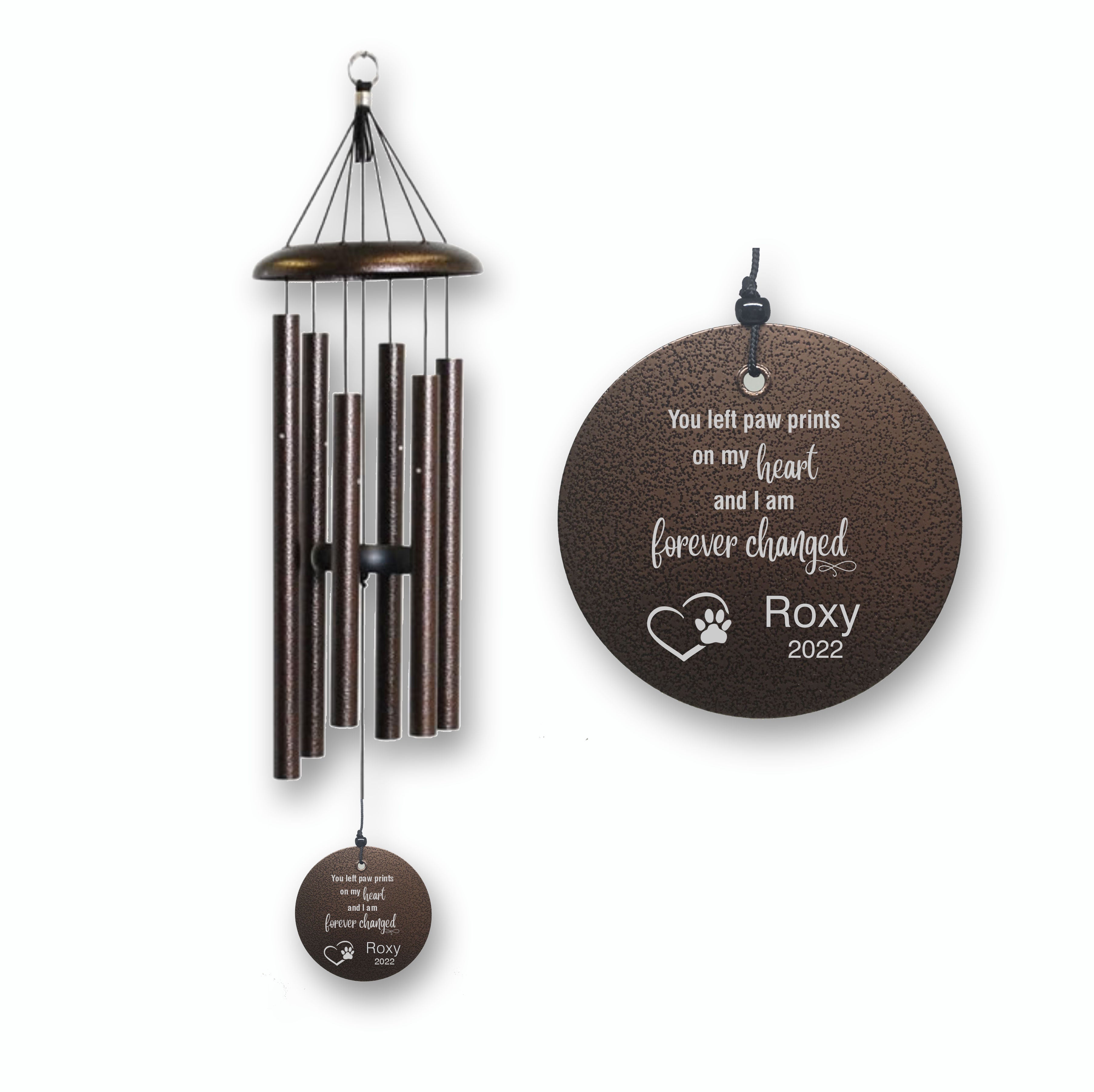 Corinthian Bells chime in the copper vein color engraved as a pet memorial with the saying You Left paw prints on my heart and I am forever changed with personalized name and date