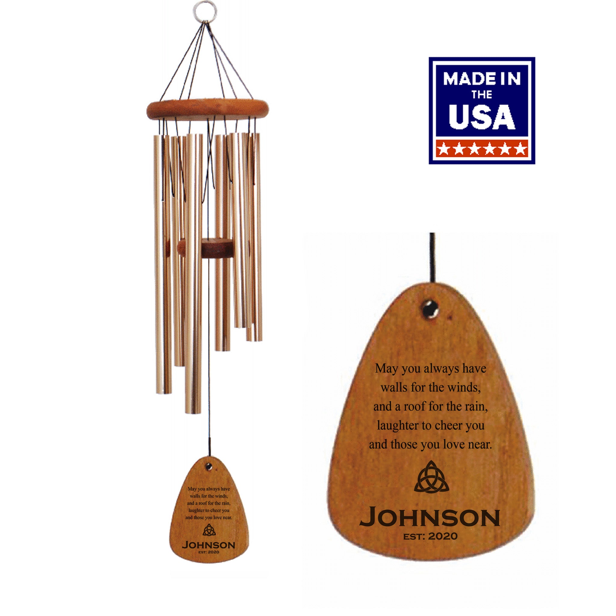 30-Inch Bronze - Irish Blessing Wind Chime - May you always have walls for the winds - Personalized