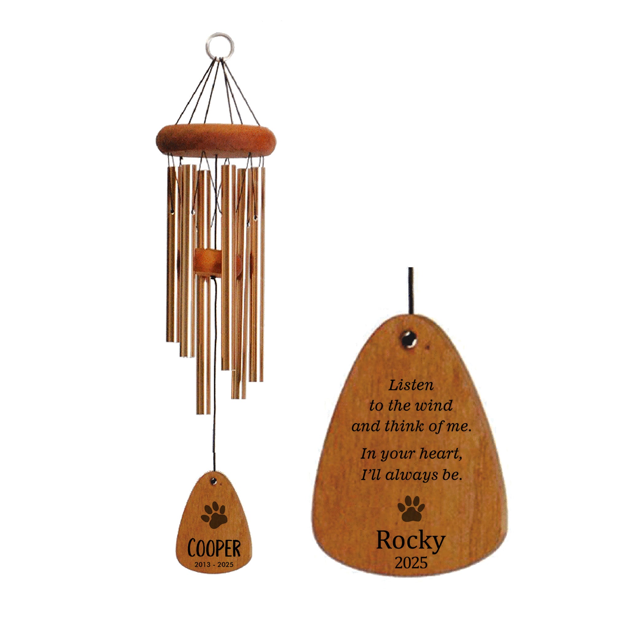 18-Inch Bronze - Loss of Dog Memorial Wind Chime - Listen to the Wind and Think of Me - Personalized