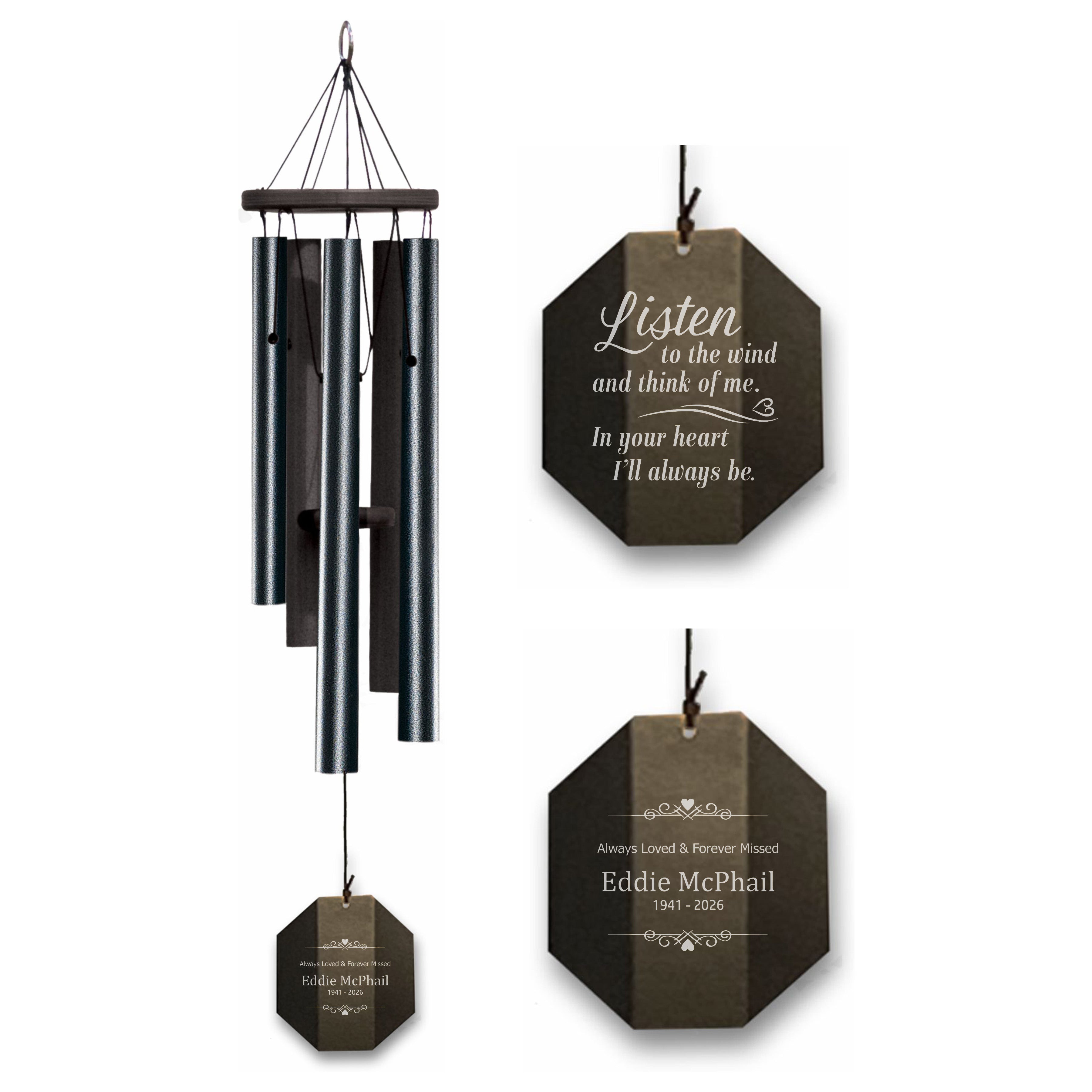 Black wind chime with memorial engraved text and personalization on hexagonal tags against a white background