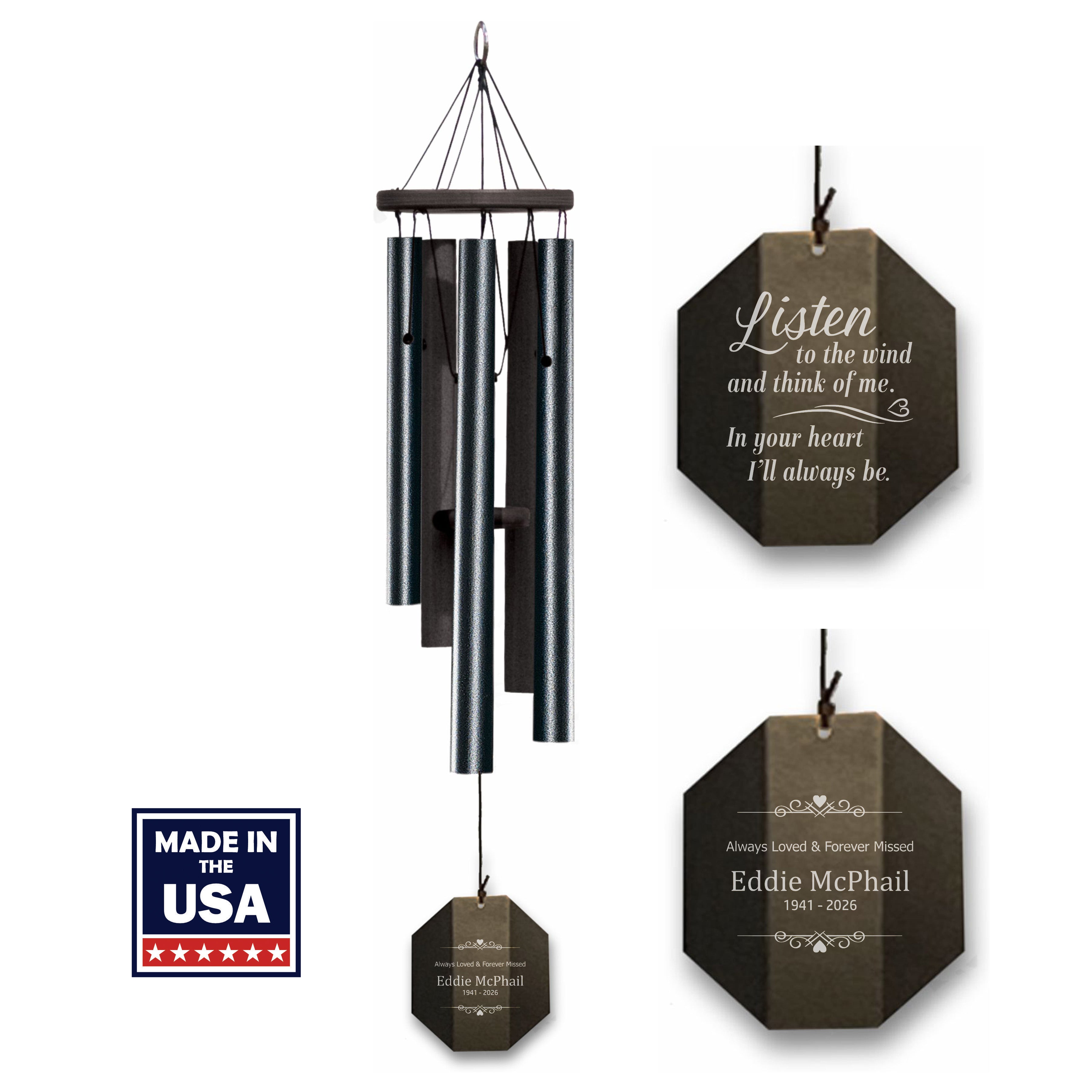 Black wind chime with engraved memorial text and 'Made in USA' label on a white background
