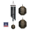 Black wind chime with engraved memorial text and 'Made in USA' label on a white background