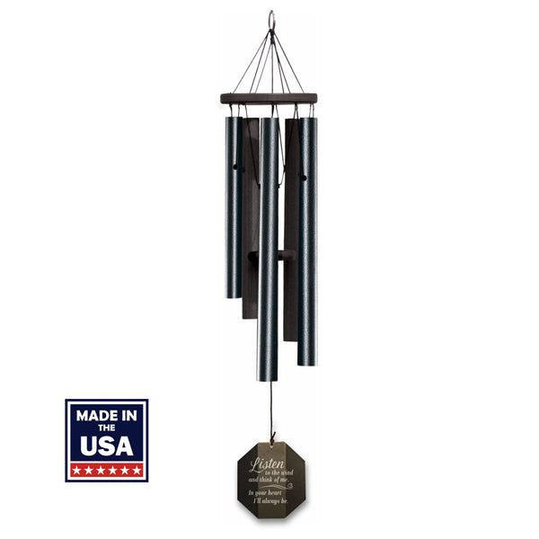 Sparkling Brook wind chime by Lambright Chimes.  Chime shown in black with memorial saying engraved on wind wind sail. Shown on white background with Made In USA tag.