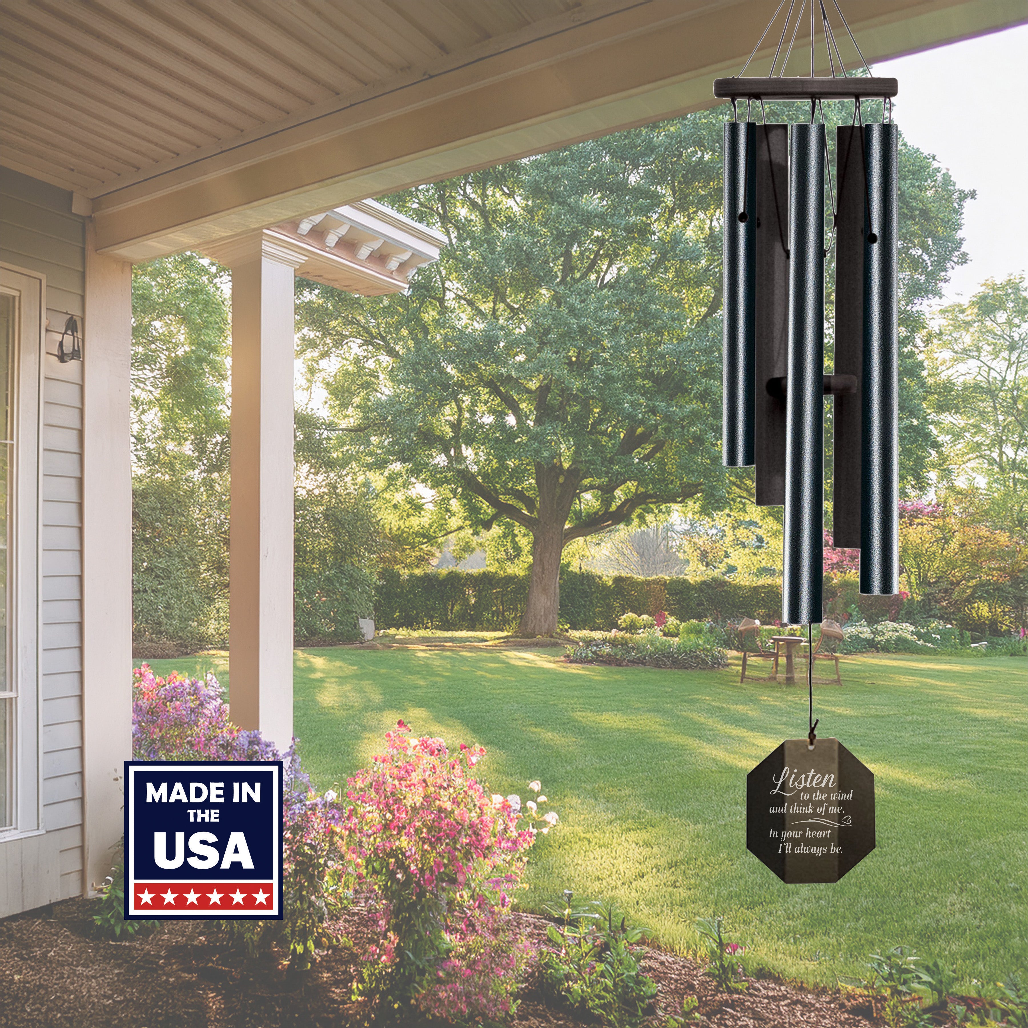 Memorial Wind chime on a porch with 'Made in the USA' label and garden view