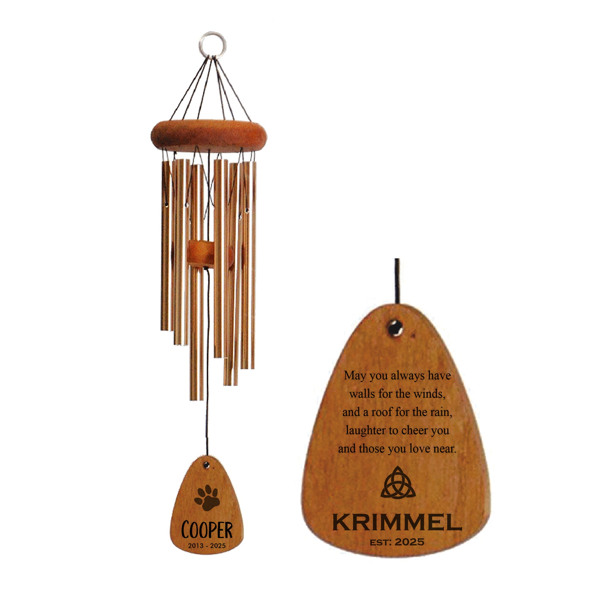 18-Inch Bronze - Irish Blessing Wind Chime - May you always have walls for the winds - Personalized
