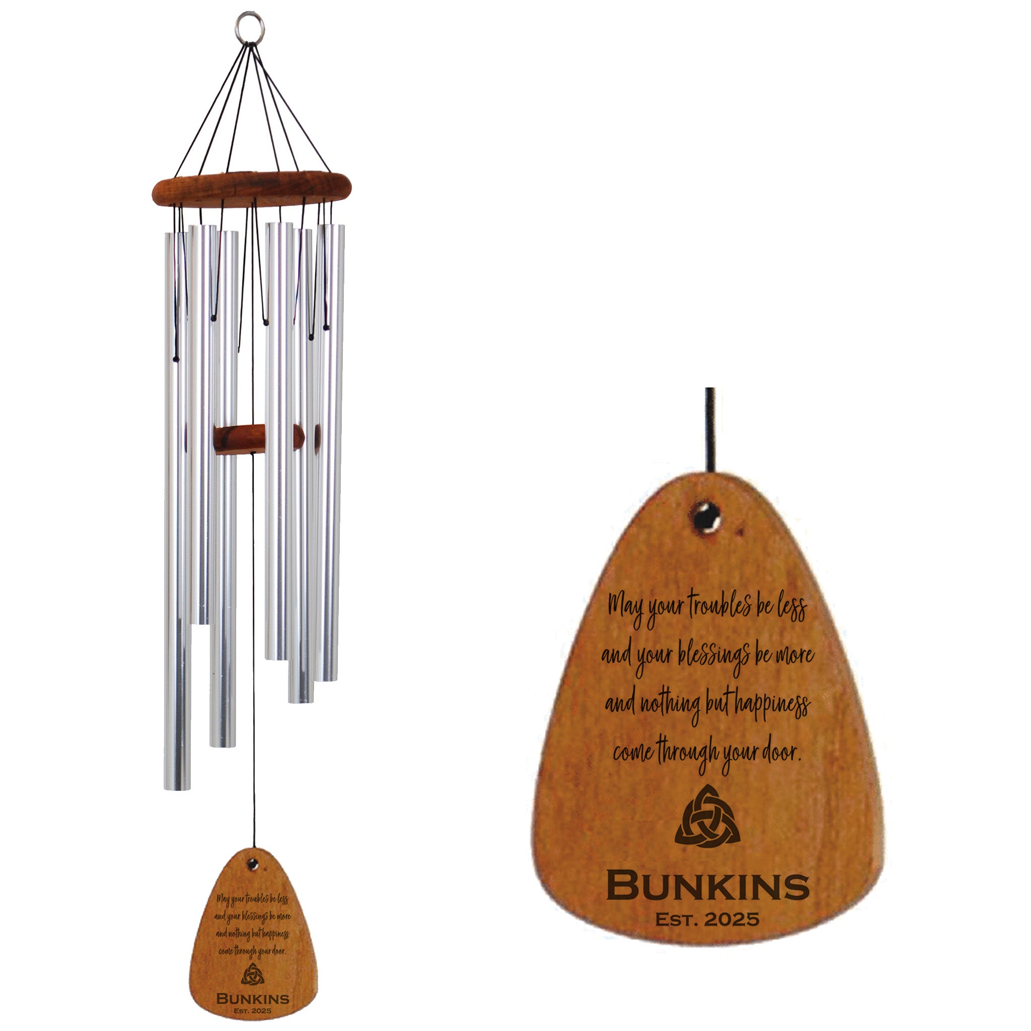 36-Inch Silver - Irish Blessing Wind Chime - May your troubles be less and your blessings be more - Personalized