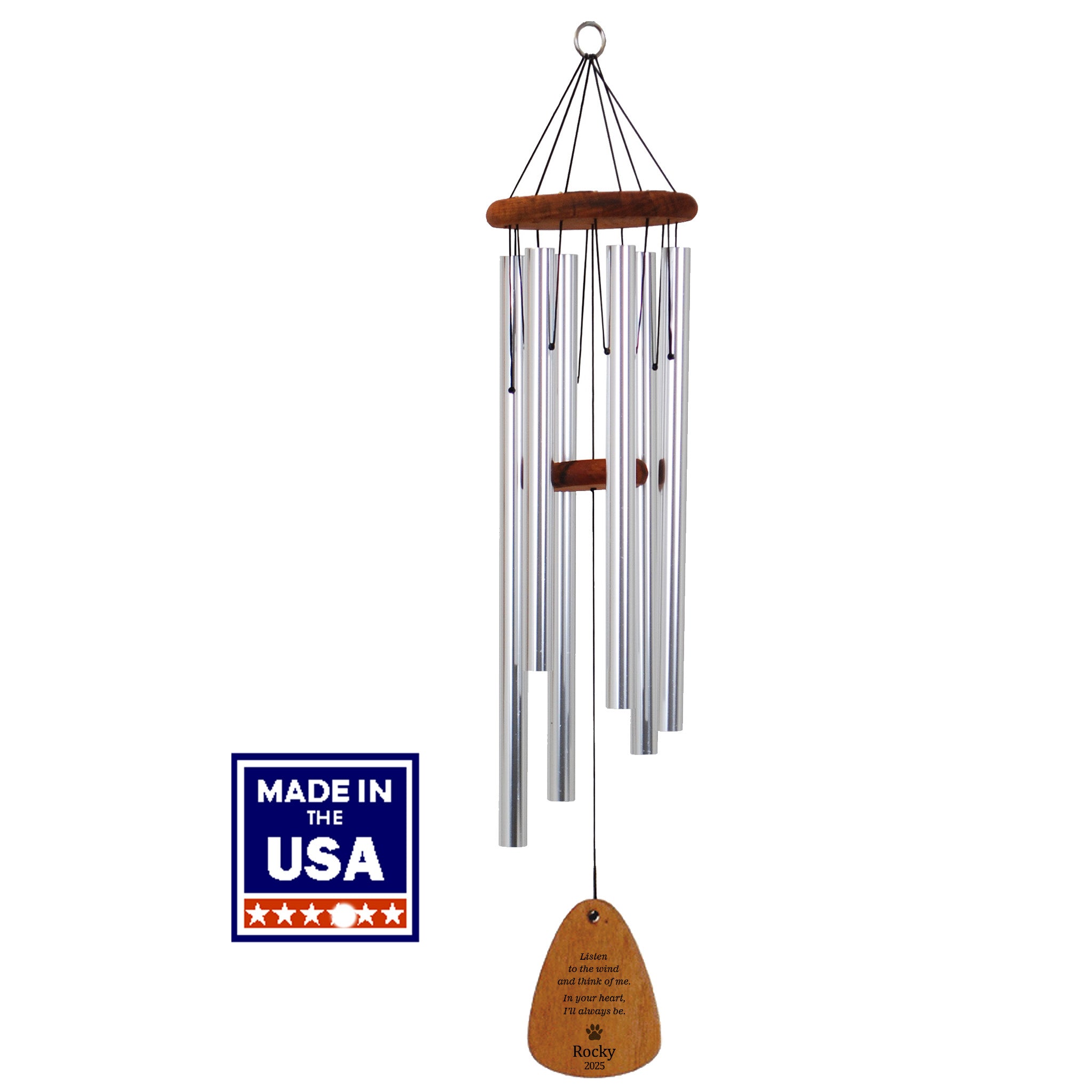 36-Inch Silver - Personalized Loss of Dog Memorial Wind Chime - Listen to the Wind and Think of Me - Paw Print
