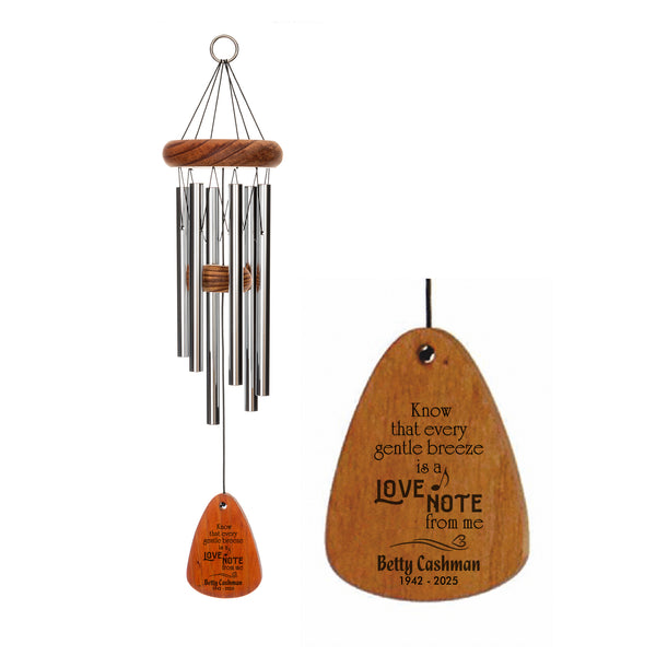 Silver personalized sympathy wind chime with wood accents. Features the saying, "Know that every gentle breeze is a love note from me"