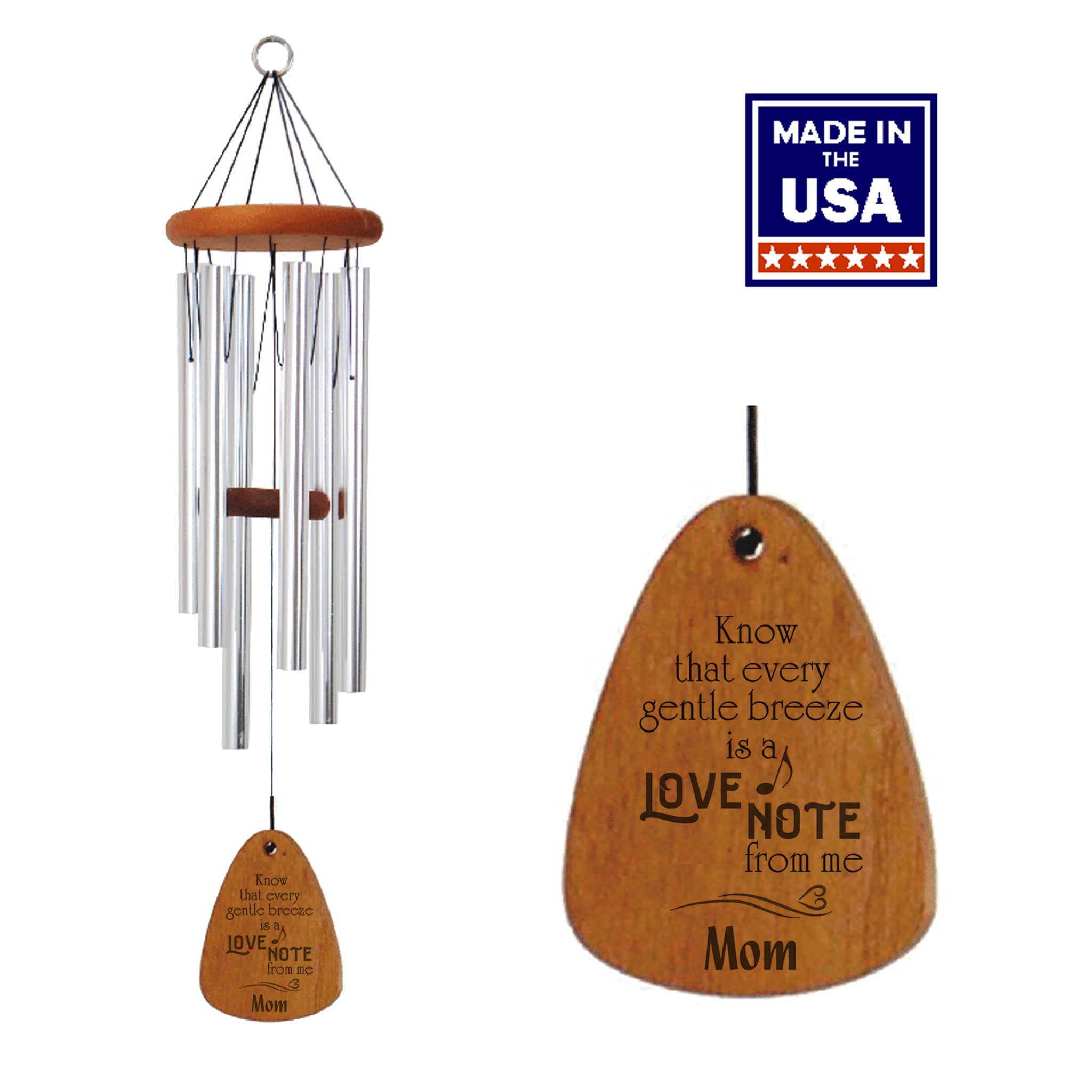 Wooden memorial wind chime with engraved message and 'Made in the USA' label on a white background