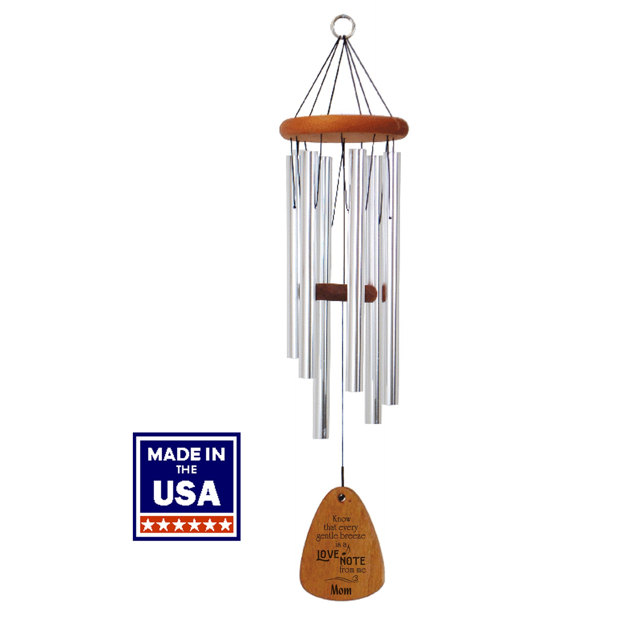 Engraved sympathy Wind chime with wooden wind sail and 'Made in the USA' label on a white background