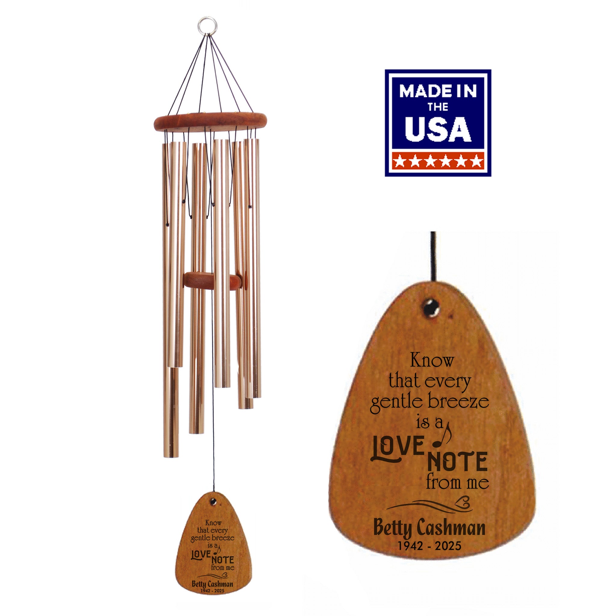 36-Inch Bronze - Memorial Wind Chime - Every Gentle Breeze is a Love Note - Personalized