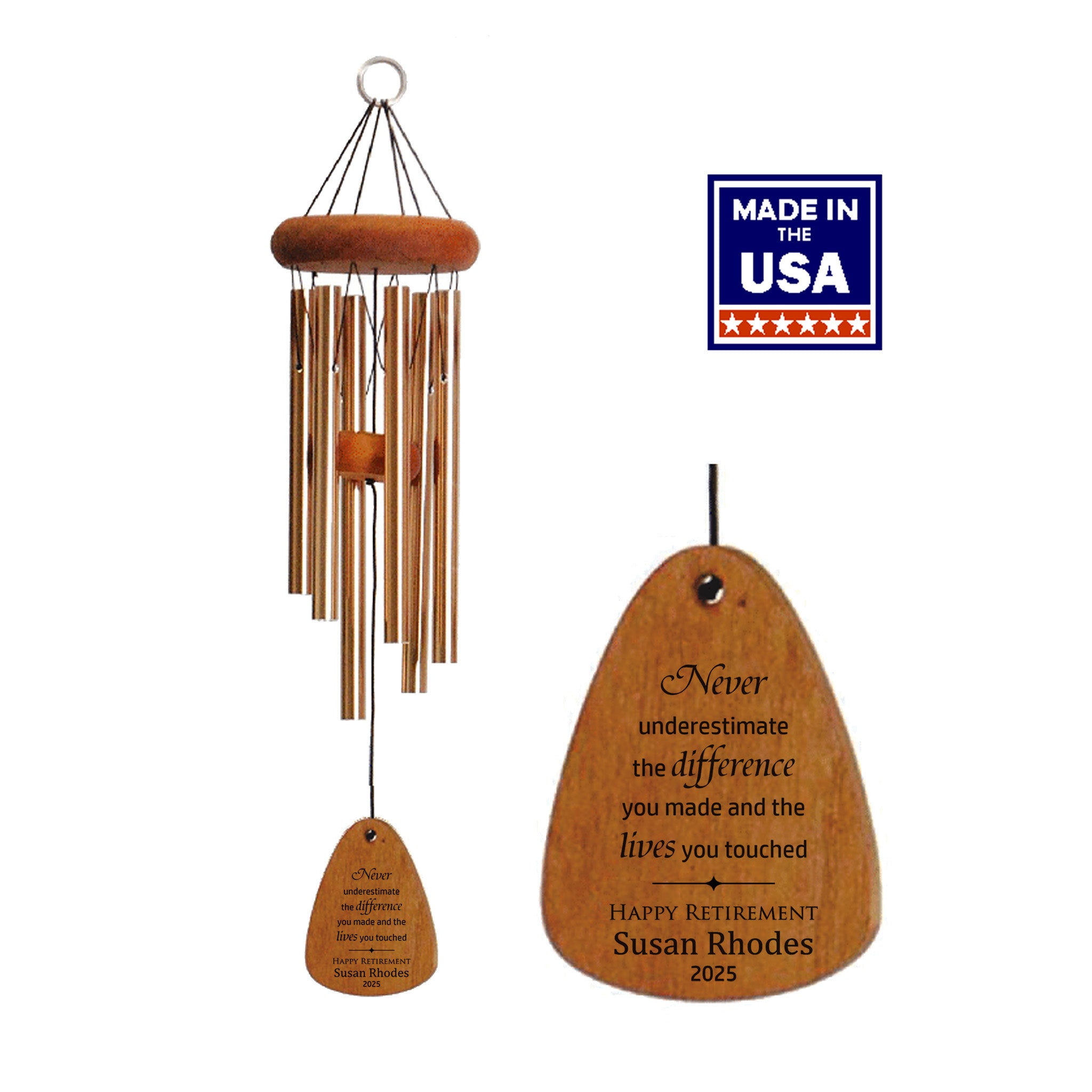 Wooden wind chime with engraved message and 'Made in USA' label on a white background