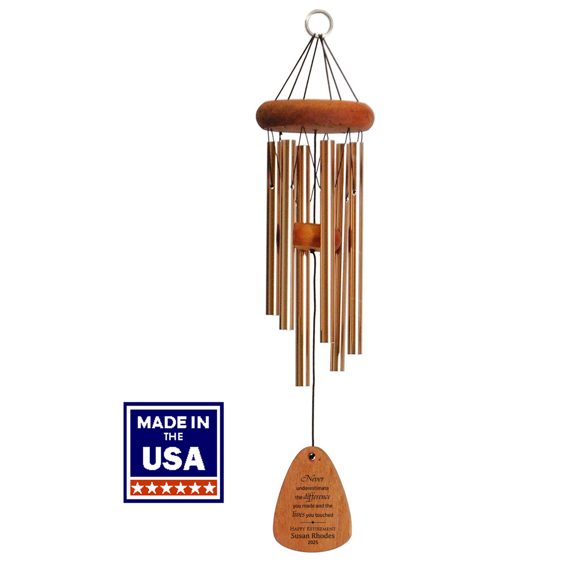 Engraved Retirement wind chime with 'Made in the USA' label on a white background. 