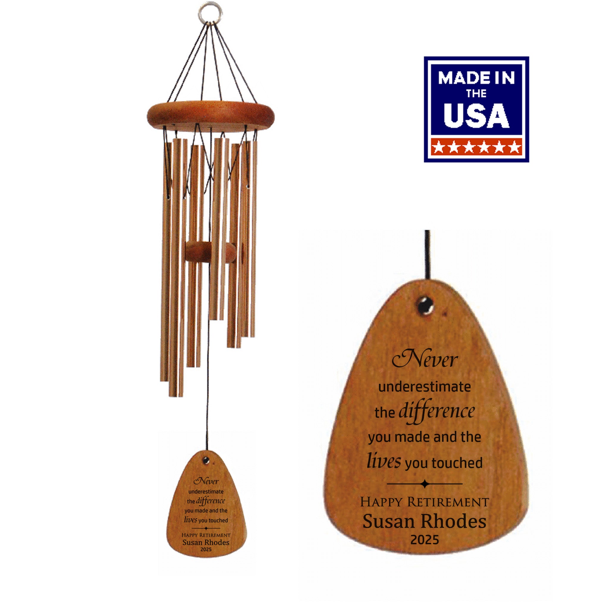 Wood wind chime with bronze tubes, featuring a personalized engraved wind sail.  The product is marked as made in the USA.