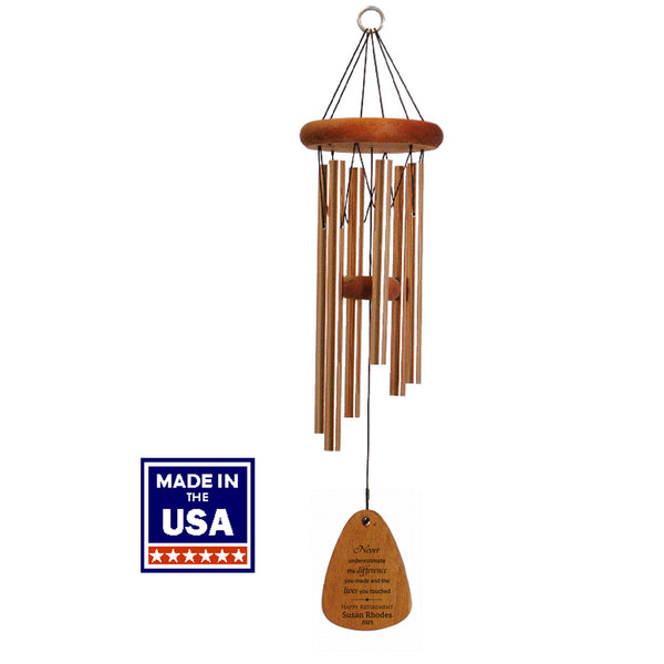 24-inch retirement wind chime with wood accents and bronze tubes. Labeled as Made in USA