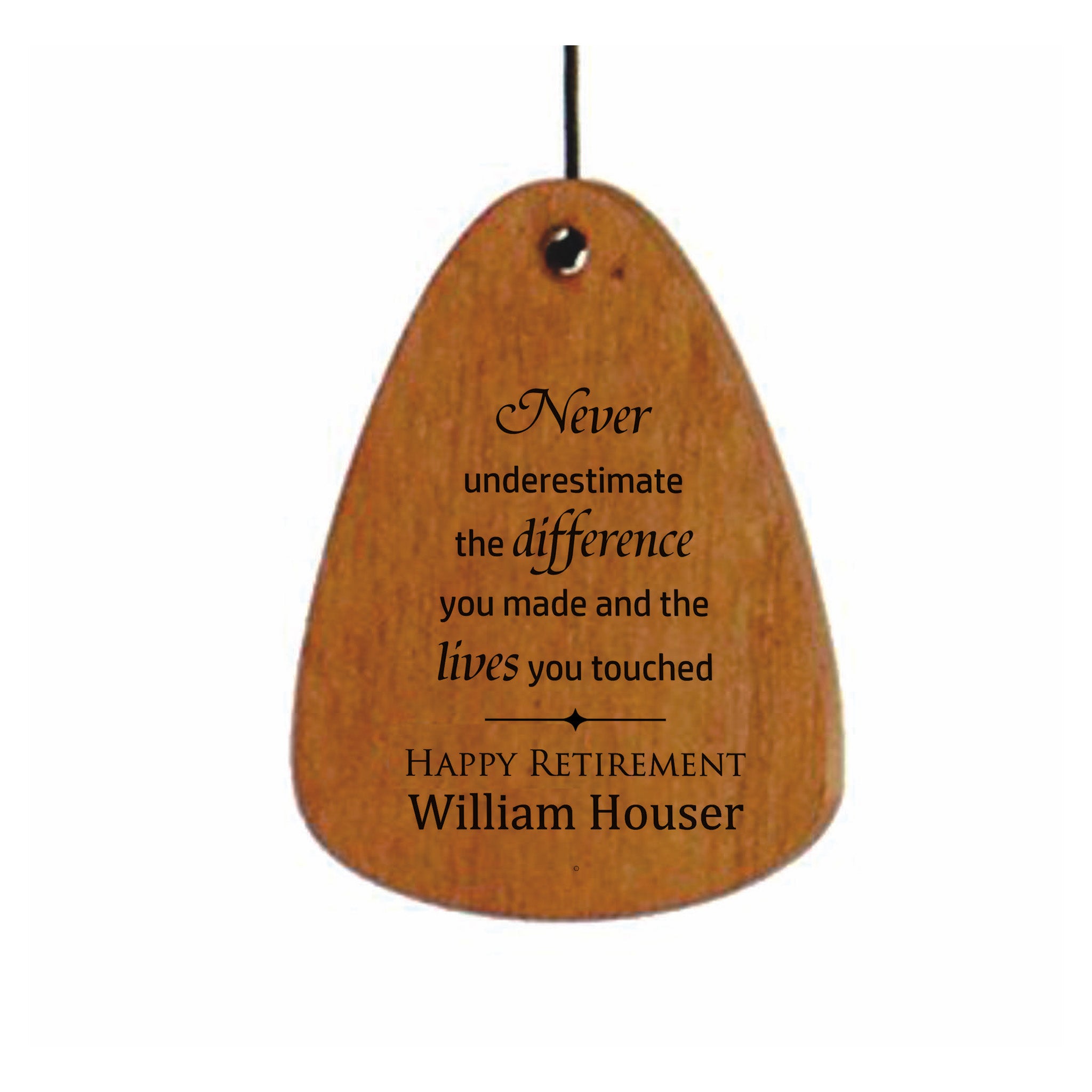 Detailed image of the Festival wind chime wind sail engraved with retirement saying: Never underestimate the difference you made and the lives you touched. 