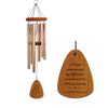 Wooden wind chime with personalized retirement message on a white background. Chime has redwood accents and bronze tubes.