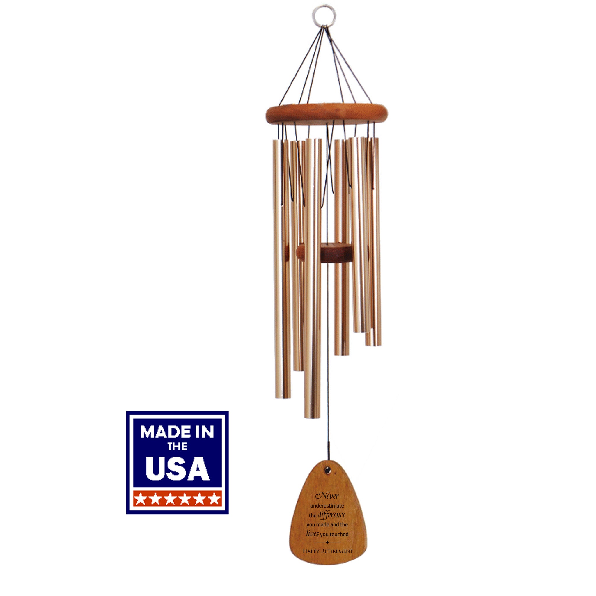 Wooden wind chime with 'Made in the USA' label on a white background. Features engraved wind sail with personalization