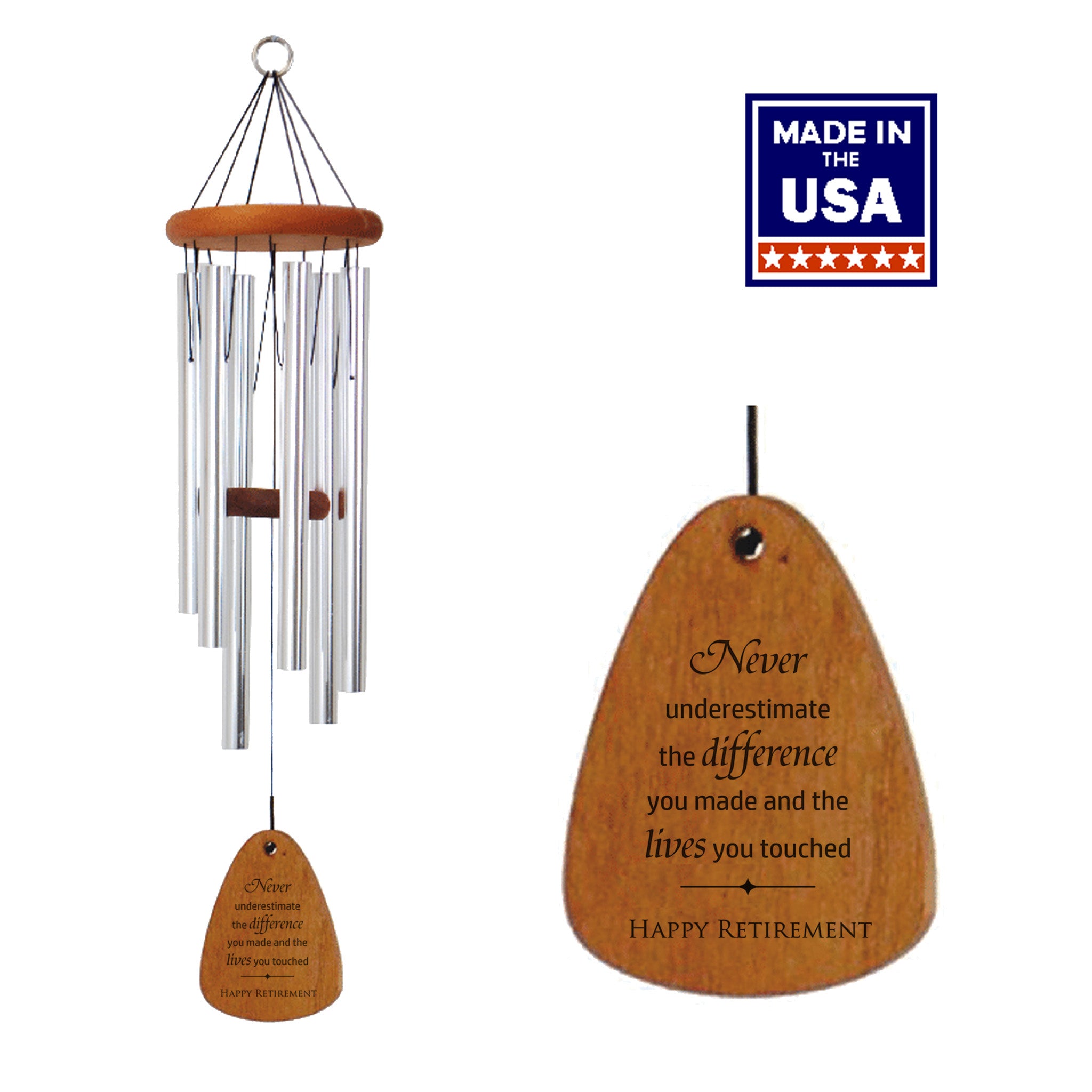 Wooden wind chime with engraved message and 'Made in the USA' label on a white background. 