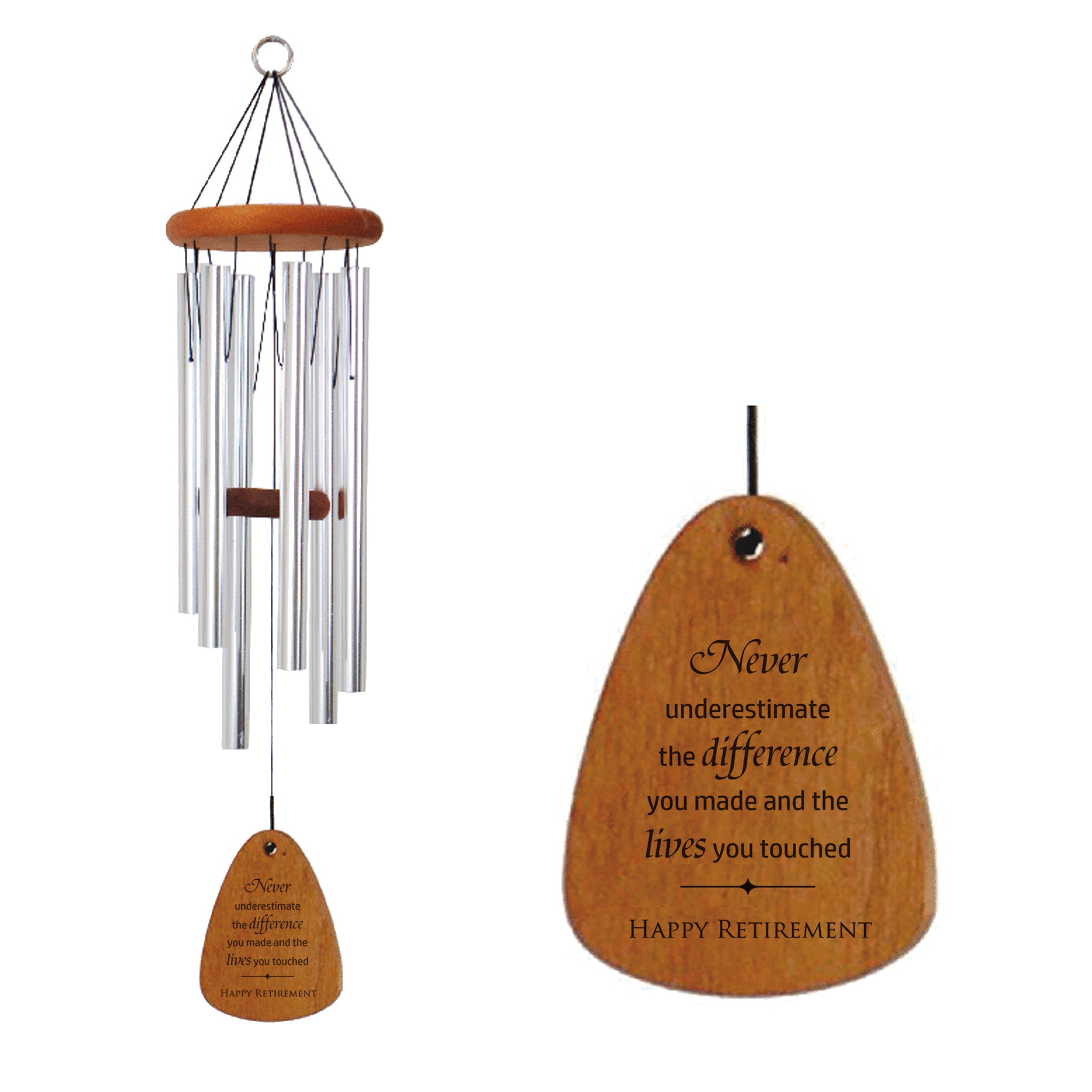 Wooden wind chime with silver tubes and solid wood wind sail. Engraved with retirement saying and personalization.  Displayed on a white background.