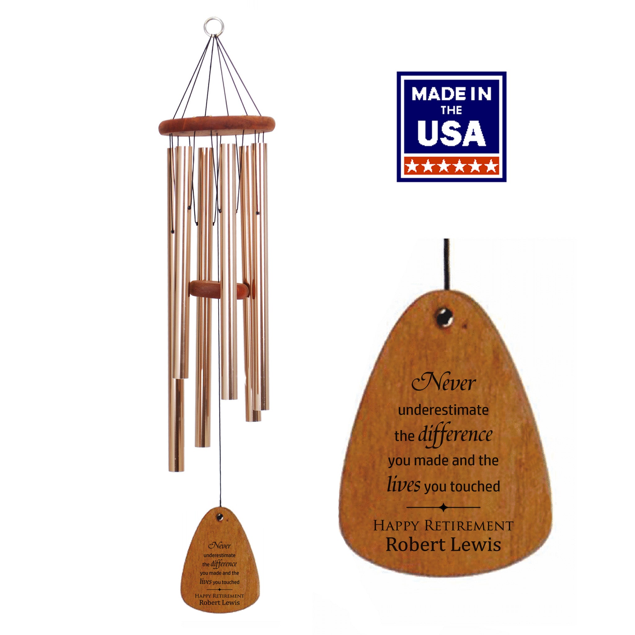 Wooden wind chime with engraved message and 'Made in USA' label on a white background