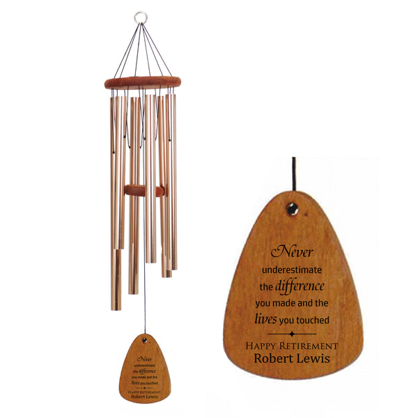 36-inch Festival wind chime with bronze tubes engraved retirement message on a white background