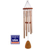 Wooden wind chime with 'Made in the USA' label on a white background. Engraved with retirement saying and name personalization.