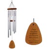 Wood wind chime with silver tubes on a white background.  Includes a more detailed graphic of the wind sail engraved with retirement saying and name personalization.