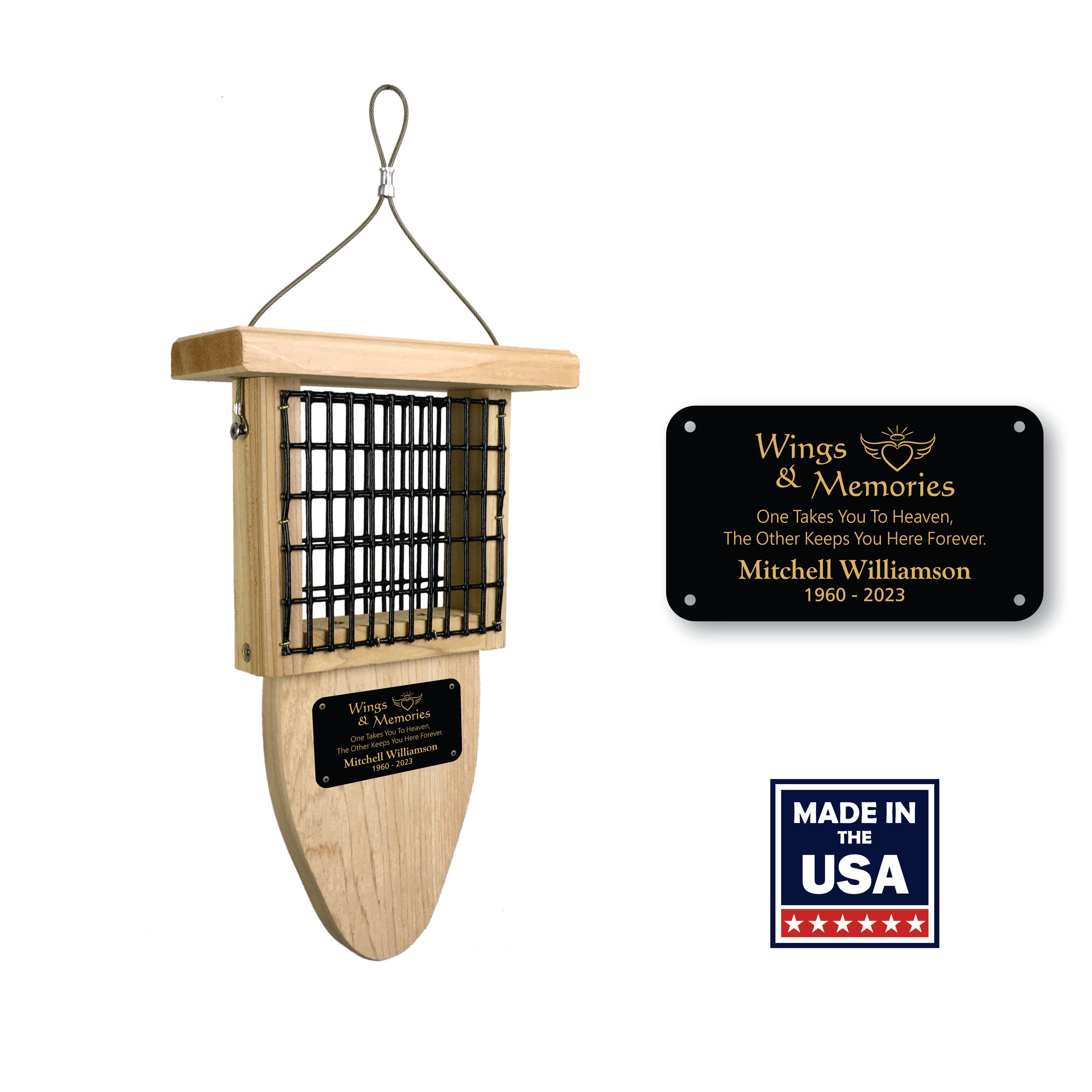 Memorial Suet Bird Feeder | Wings and Memories | Solid Wood Hanging | Made in USA
