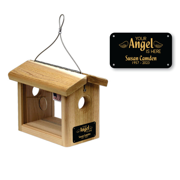 Memorial Bird Feeder | Your Angel Is Here | Solid Wood Hanging | Made in USA